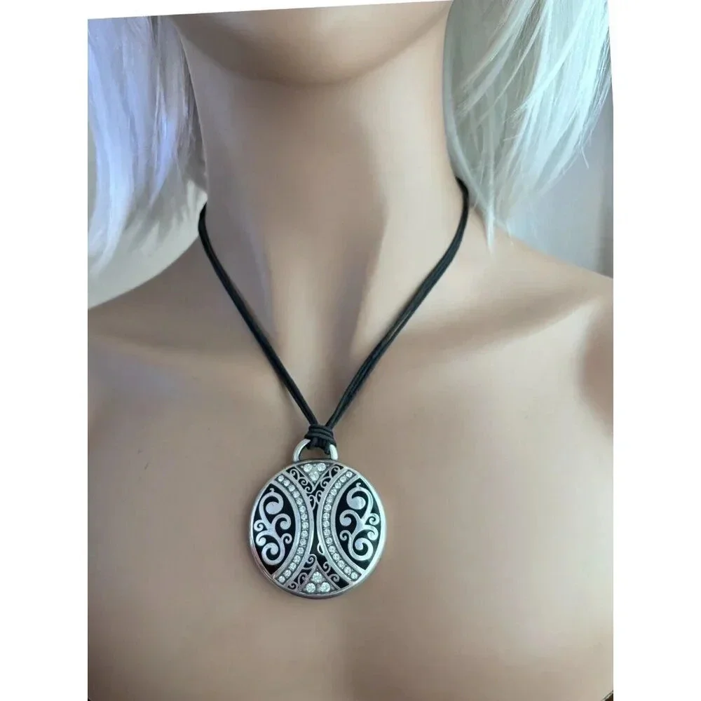 Brighton Dynasty Swarovski Crystal Round Medallion Pendant Cord Leather Necklace